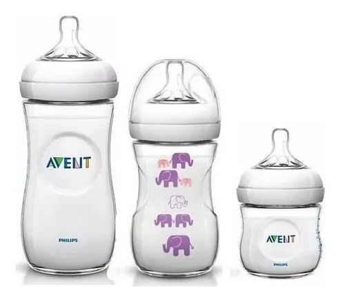 3 Mamadeiras Avent Pétala 125/260 Elefante Lilás Rosa 330ml 