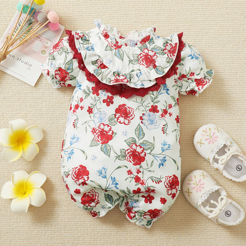 Mameluco Verano Lindo Bebé Con Encaje Y Estampado De Flores Blanco 9-12 M Floreado