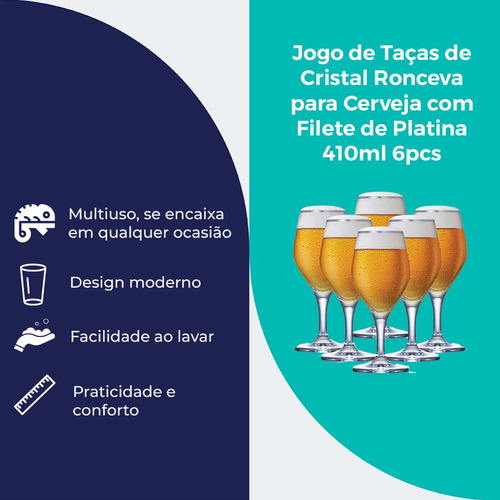 Jogo de Taça de Cristal C/ Filete de Platina 6 pcs 410ml, Ruvolo