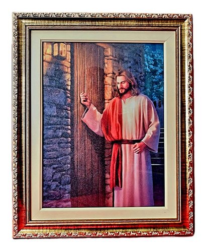 Quadro Jesus Batendo Porta 50x40cm Moldura Com Vidro Dourada