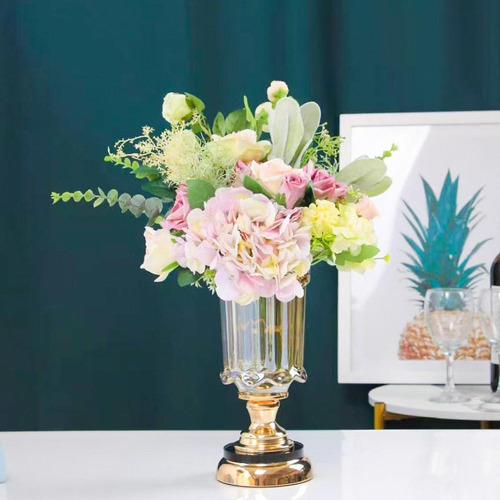 Jarrón De Cristal Con Flores, Elegante Soporte Para Corto