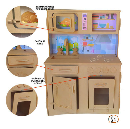 Cocinita Para Niños Con Sticker + Heladera Madera Fibrofacil Color Minichef Fibro