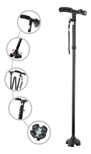 Bastón Plegable Ajustable Con Luz Led Y Base De 4 Puntos