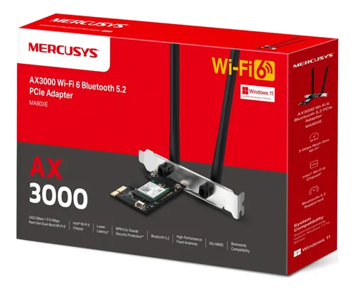 Mercusys, Tarjeta De Red Pcie Ax3000 Wifi 6 + Bt 5.2, Ma80xe