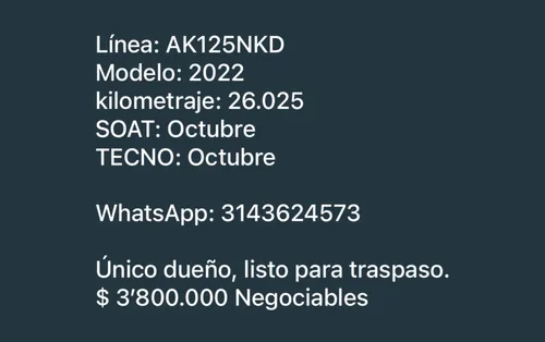 Línea: Ak125nkd Modelo: 2022 Kilometraje: 26.025 Soat: Octub