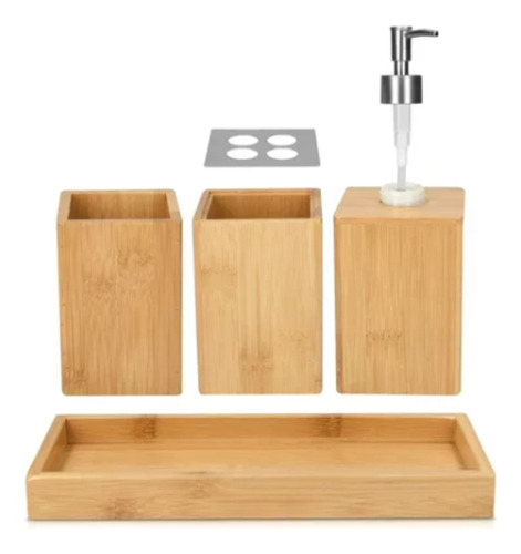 Set X 4 Accesorios Baño Bamboo Dispenser Con Bandeja