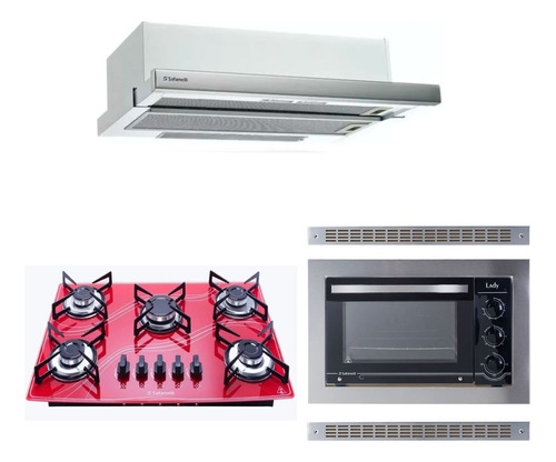 Kit Forno De Embutir + Cooktop 5 Bocas Vermelho + Depurador 110v