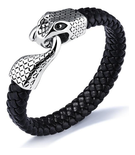 Elegante Pulsera Cuero Titanio Inox Serpiente Hombre B211