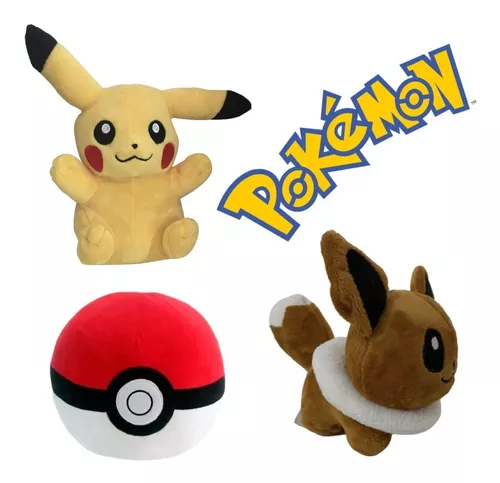 Kit Com 3 Pokémons Pelúcia 15cm Pikachu Eevee Pokebola