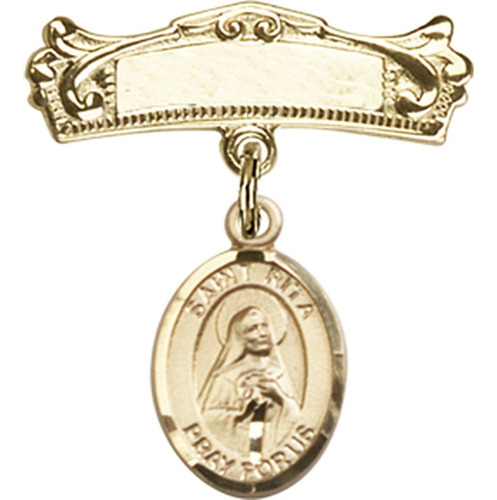 Gold Filled Baby Badge With St Rita Beisbol Encanto Arqueado