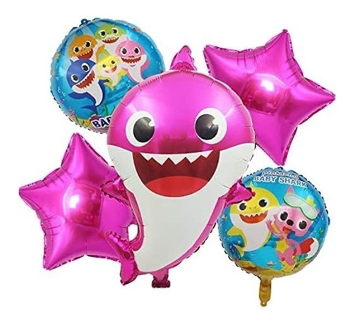 Globo Baby Shark Rosa Niña Metalizado Acuario X5 Unidades