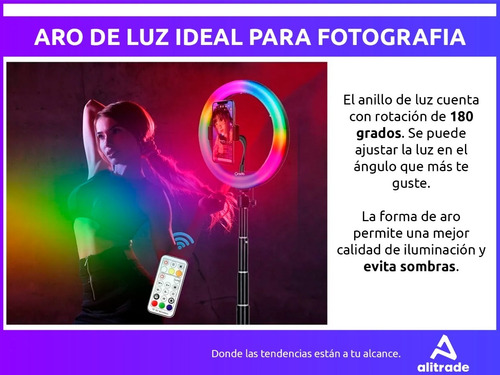 Aro De Luz Led 26 Cm Luz Rgb Calida Fria + Trípode 2.10 Mt