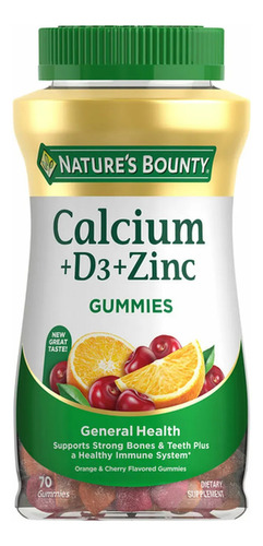 Natures Bounty Suplemento De Calcio + D3 + Zinc 70 Gomitas Sabor Naranja Y Cereza