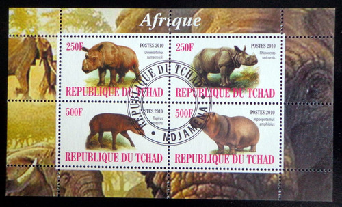 Tchad Rinocerontes Hipop., Bloque 4 Sellos 2010 Usado L7002