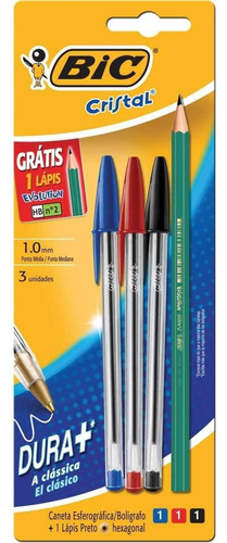 Kit Pack 3 Canetas Bic Cristal Dura Mais + 1 Lápis