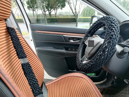 Funda Para Volante Coche Crochet Girasol Color Negro + 2