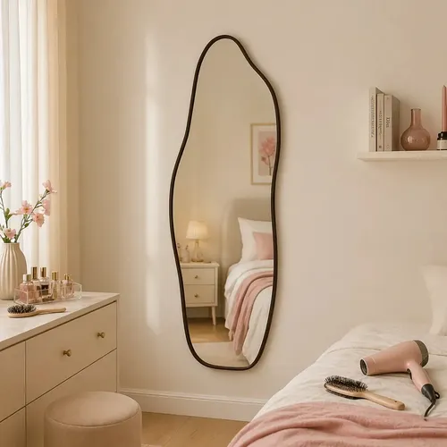 Espelho Orgânico 70x30cm Moldura De Couro Preto Decorativos Sala Premium Luxo Closet Corpo Inteiro Para Quarto Sala Camarim Hall Moderno Reforçado Prime Vmex