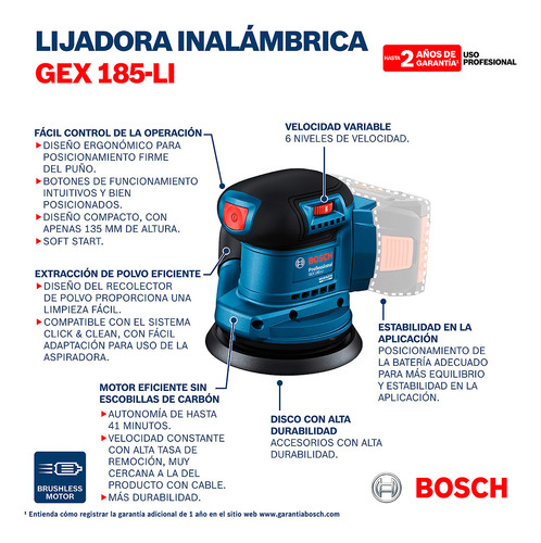 Lijadora Orbital Inalámbrica Bosch Gex 185-li 18vsb Brushles