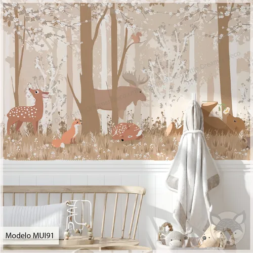 Mural Infantil Ploteo Vinilo Bosque Arboles Animales Mui91