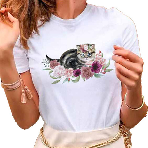 Remera Dama Mujer Street Mascota Con Flores Gato Gatito #10