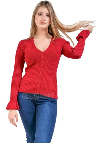 Imagen 1 de 5 de Cárdigan Sweater Fino Mujer - Escote En V Con Botones