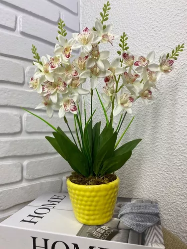 Arranjo Artificiais Orquídea Vaso Amarela Cerâmica