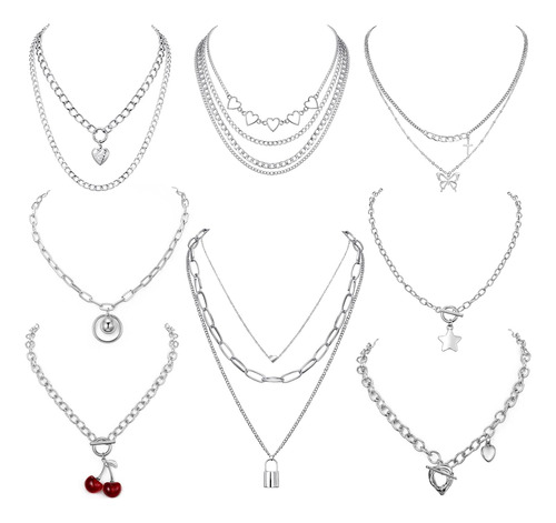 8pcs Conjunto De Cadenas De Collar Gótico De Plata-cosas Emo