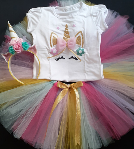  Tutu Remera Vincha Conjunto Unicornio Dorado  Disfraz 