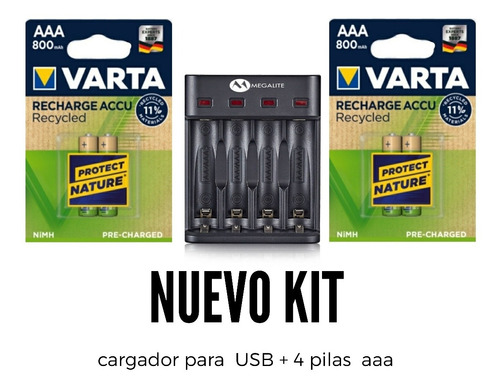 Cargador Intel. Usb +4 Pilas Varta 800 Aaa Eco Recargables 