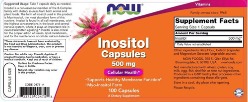 Inositol 500mg Now X100 Cápsulas Traído De U S A
