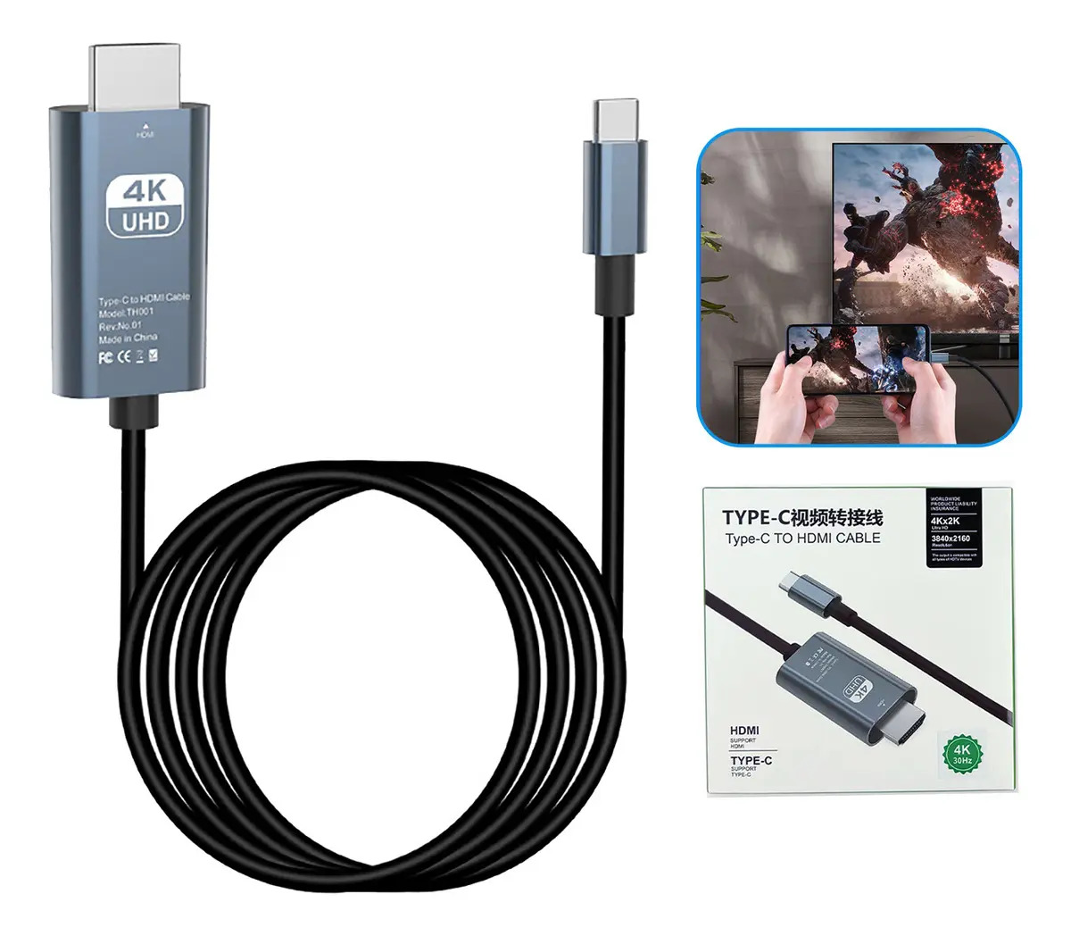 Cabo Adaptador USB-C para HDMI 4K 2m para Notebook e Celular com Saída de Vídeo