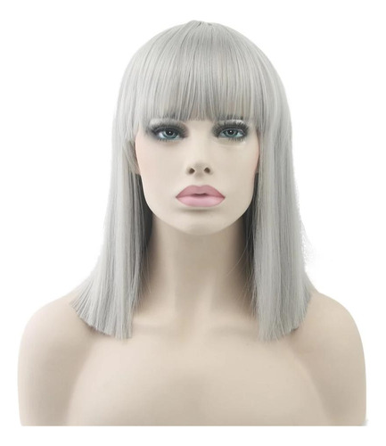 Peluca Melena Gris Corta Lisa Con Fleco Cabello Sintetico Color Gris Claro