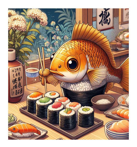 Vinilo 60x60cm Sushi Pez Dorado Goldfish Eating Japones