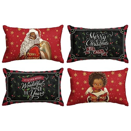 Funda Almohada Navidad Papá Noel Negra 12 X 20 Pulgada...