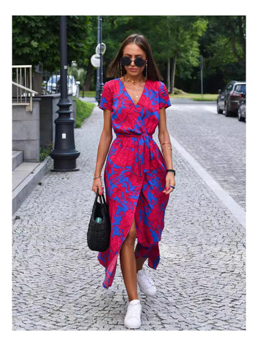 Vestido Midi De Manga Corta Con Cuello En V Y Cintura Anudad