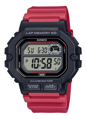 Reloj Casio Ws-1400h-4av, 60 Laps De Cronometro, 10 Años Color De La Correa Rojo Color Del Bisel Negro Color Del Fondo Agua