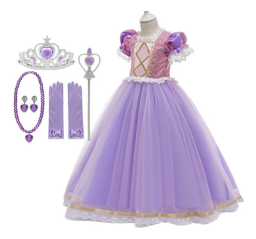 Imagem 1 de 9 de Fantasia Rapunzel Enrolados + Brincos Colar Vara Luvas Coroa