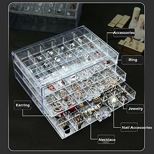 Caja de almacenamiento de aretes, organizador de 3 cajones de acrílico para  joyas, soporte transparente de exhibición de joyas con 72 compartimentos