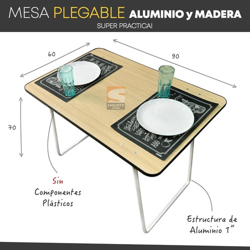 Imagen 4 de 9 de Mesa Plegable Aluminio Madera Melamina 90x60 Camping Balcón