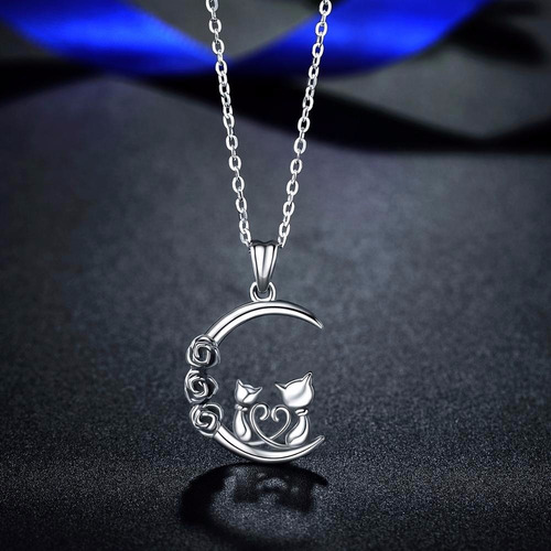 Imagen 5 de 7 de Regalo Mujer Collar Gatitos Luna Plata Fina 925 Joyas