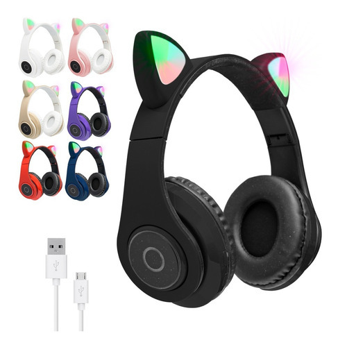 Auriculares Oreja De Gato Gamer Bluetooth Luz Led Neko Usb