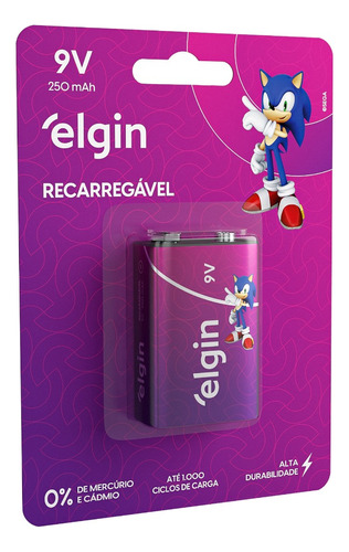 01 Bateria Elgin 9v 250mah Recarregável Alcalina 1 Cartela