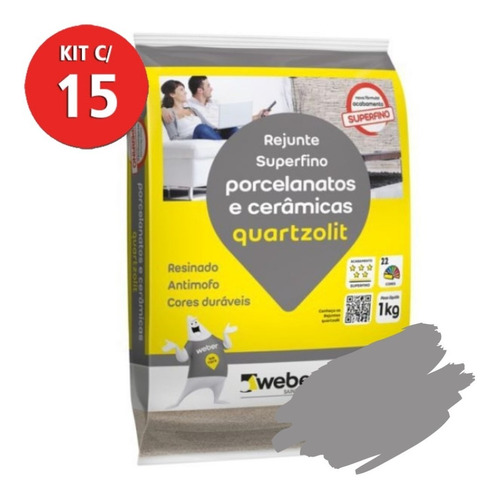 Kit C/ 15  Rejunte Porcelanato 1kg Cinza Artico Quartzolit