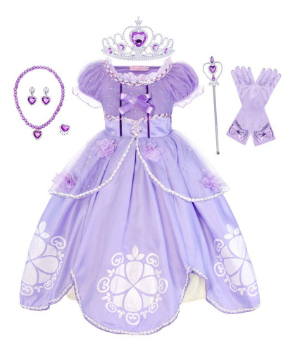 Princesa Sofia Vestido Niña Manga Soplo Disfraz Fiesta+ 6pcs