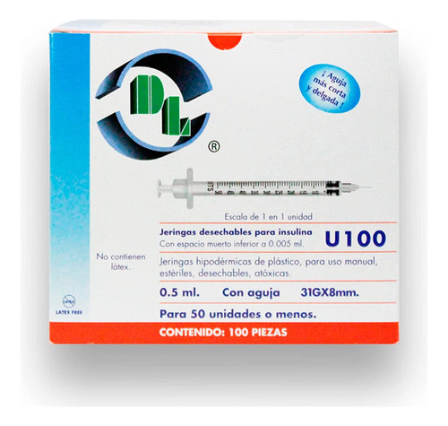 Jeringa De Insulina Dentilab 0.5 Ml C/ Aguja 31gx8 Caja 100u