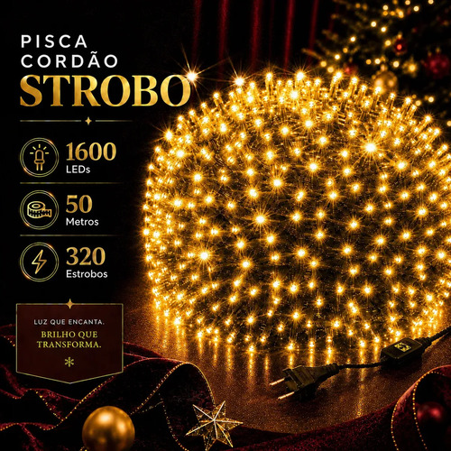 Strobo Cordão Natal 1600 Leds Pisca Flash 50m Prova D'água Bivolt Branco Quente