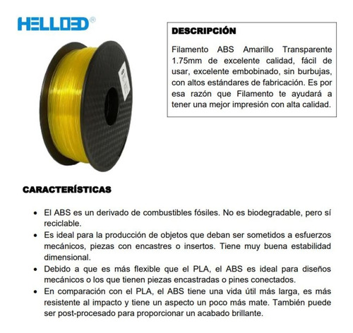 Filamento Abs 1.75 Mm Amarillo Transparente Hello3d