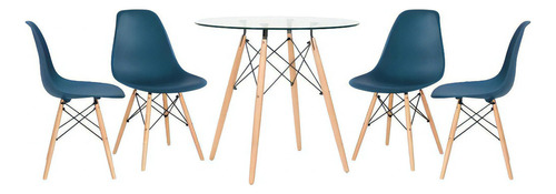 Mesa Eames 80 Cm Tampo Vidro 4 Cadeiras Eiffel Dsw Cor Azul-petróleo