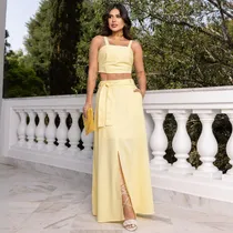 Comprar Conjunto Feminino 2 Peças Cropped E Saia Com Fenda Elegante