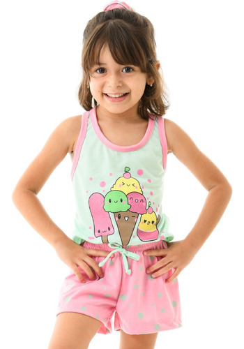 Pijama Feminino Baby Doll Curto Sorvetes +scrunchy